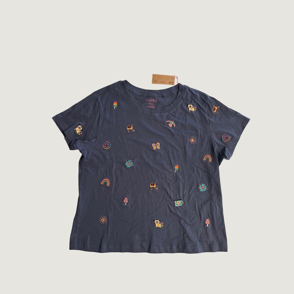 Natural Life Women's Small Navy Blue Embroidered Fun Icons Cotton T-Shirt New
